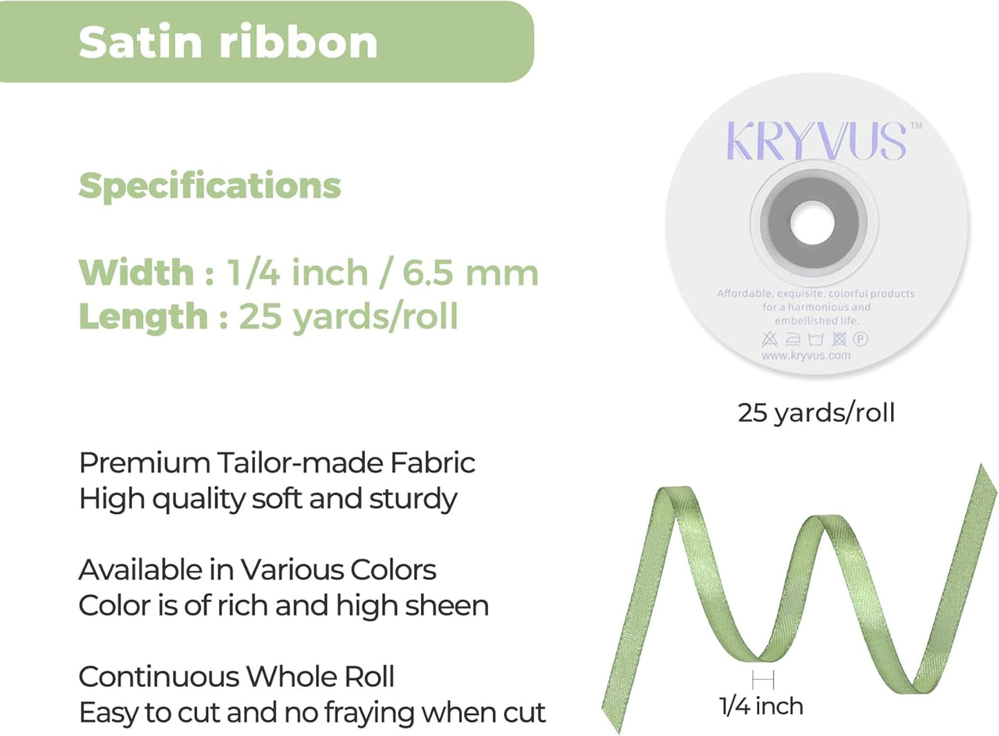 Sage Green Satin Ribbon 1/4 inch X Continuous 25 Yards, Single Face Polyester Ribbon Perfect for Gift Wrapping, Flower Bouquet, Wedding Decor, Crafts, Bow Making, Sewing and More