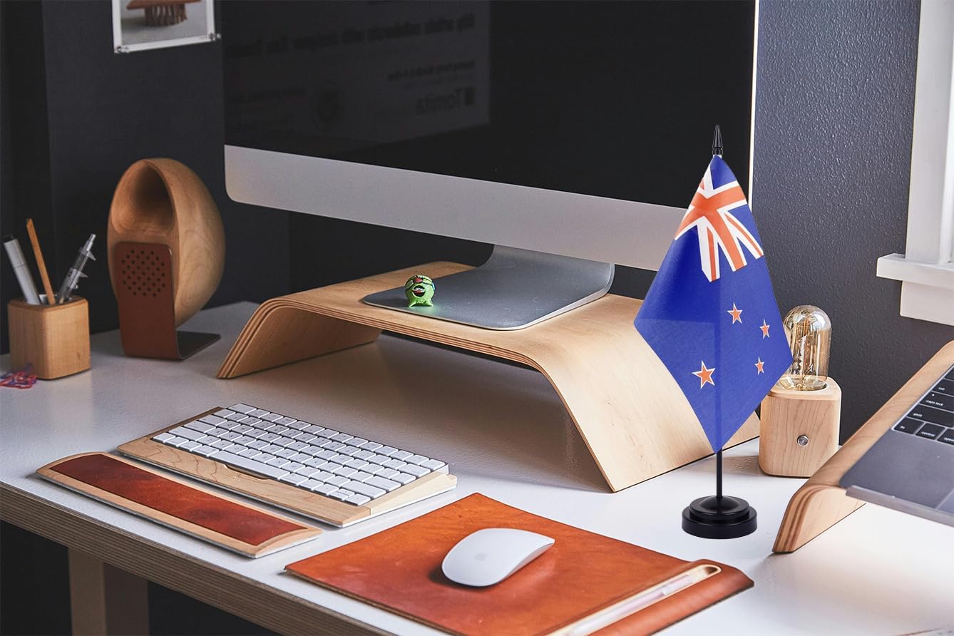 WXTWK 2 Pack New Zealand Flag New Zealand Deluxe Desk Flag Set - Mini Small New Zealand Table Office Flags with Black 12" Solid Pole Stand Base Classroom Meeting Desktop Decorations