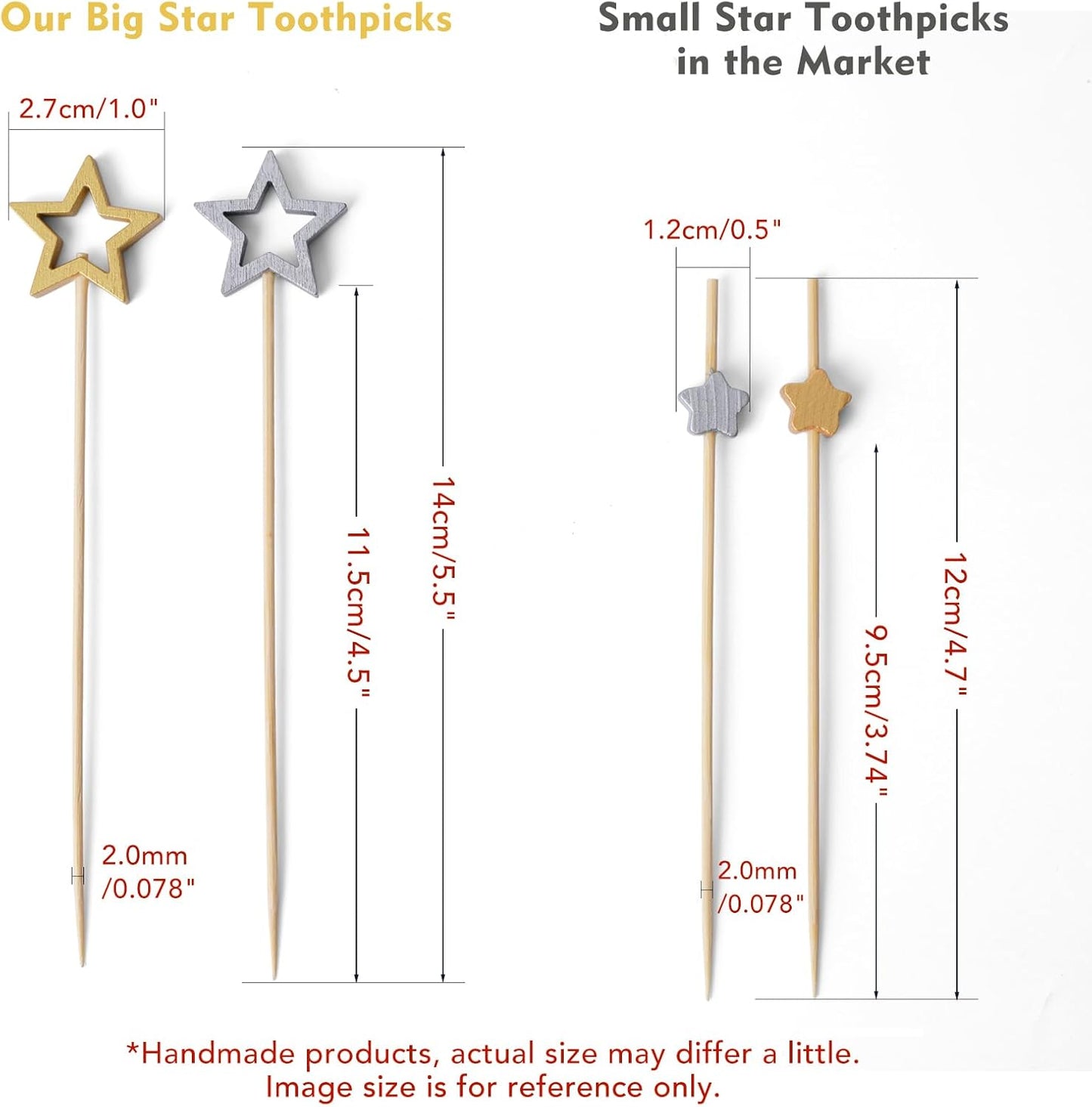 Minisland Big Gold Star Cocktail Picks, 5.5 Inch Long Bamboo Fancy Toothpicks for Appetizers, Decorative Christmas New Year Holiday Party Food Drinks Garnish Fruit Skewer Sticks 50 Counts - MSL430