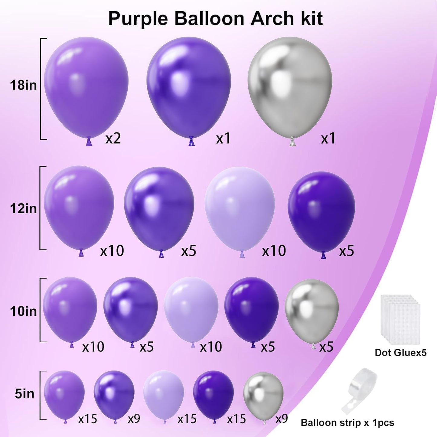 Purple Balloon Garland Arch Kit, Metallic Chrome Purple Balloons and Silver Balloons with Different Size for Birthday, Wedding, Baby Shower Decorations