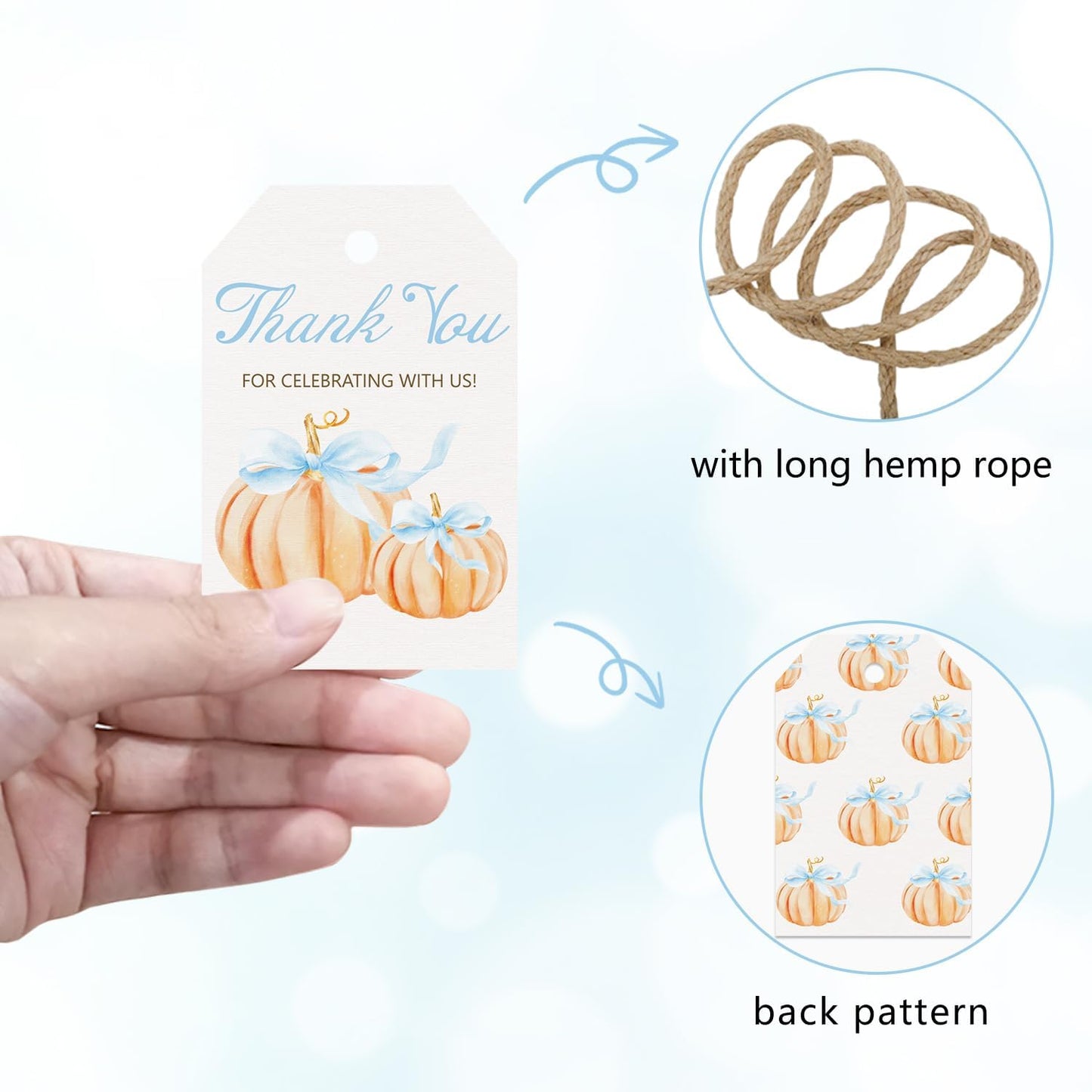 50pcs Little Pumpkin Thank You Tags, Pumpkin Bow Fall Theme Favor Tags for Boy Coquette Baby Shower and Birthday Party Gift Wrapping Decoration (Blue Bow)