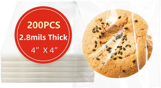 4x4 Inches 200 PCS Cookie Bags for Gift Giving,Self Sealing Cellophane Clear Resealable Cellophane Bags Self Adhesive Individual Cookie for Packaging 200Pieces 4"x4"