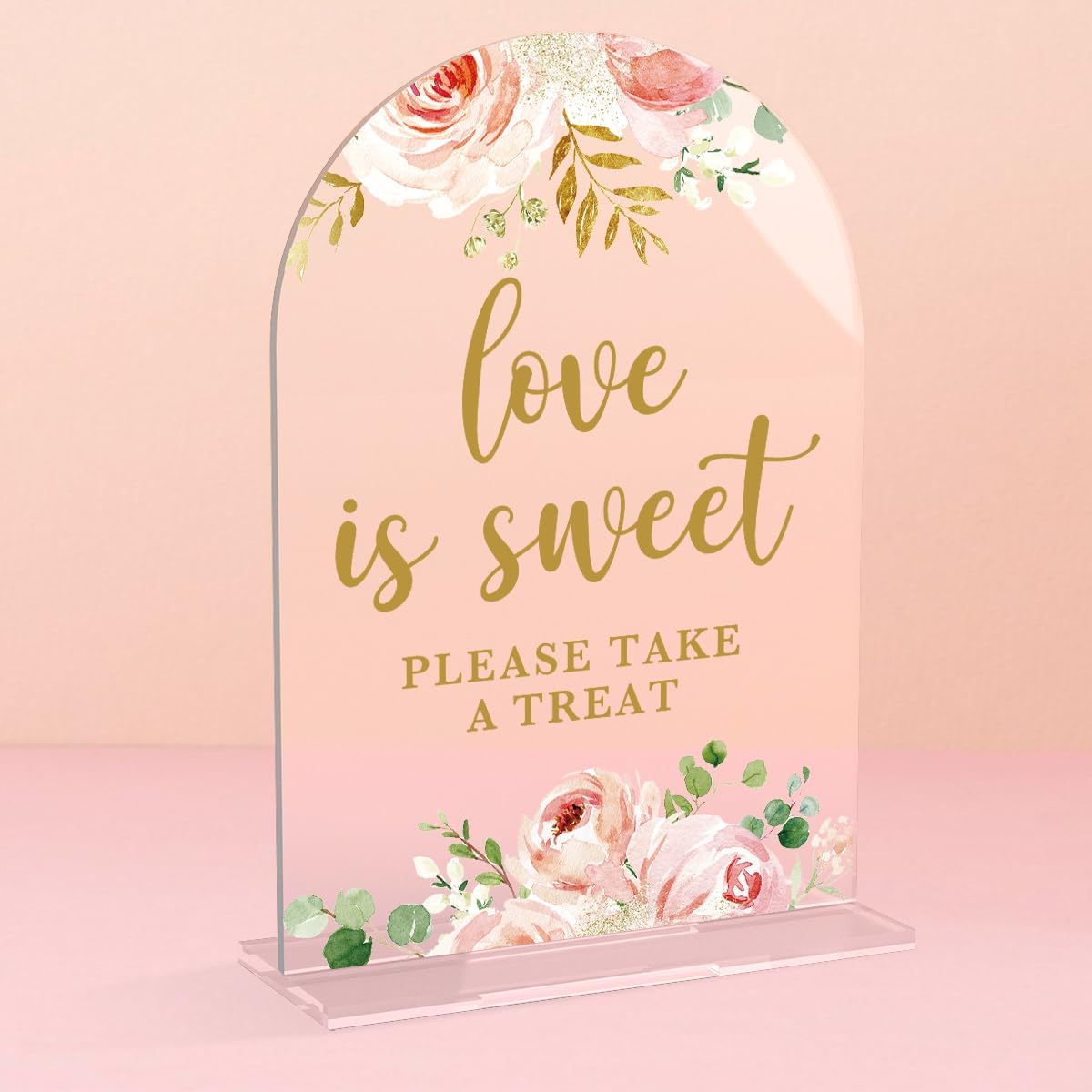Acrylic Wedding Signs, Bridal Shower Decorations, Love is Sweet Signs for Reception, Modern Calligraphy Arch Acrylic Table Top Sign for Wedding Reception and Engagement Parties (Clear Pink Flowers)