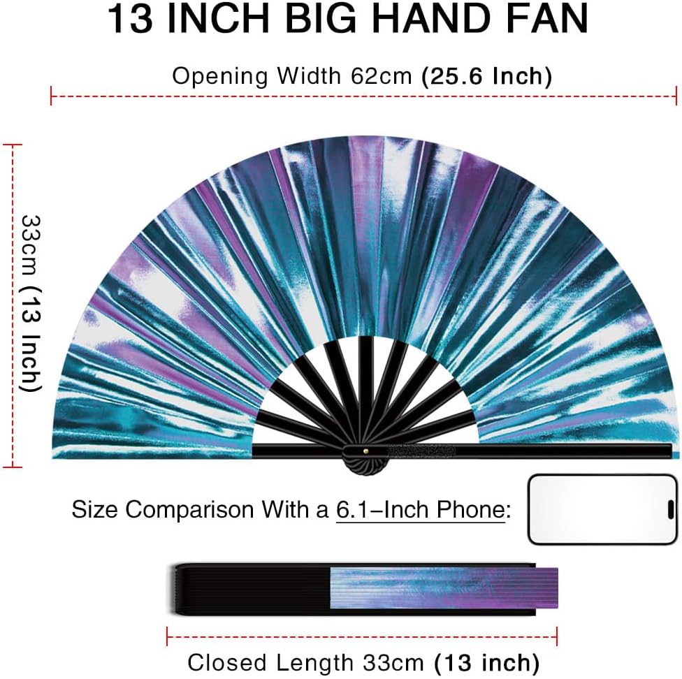 13" Large Folding Rave Fan with Holster, Clack Hand Fans Foldable for Line Dancing, Boots On The Ground Fan for Women Men Festival EDM Party Decoration, Holographic Blue