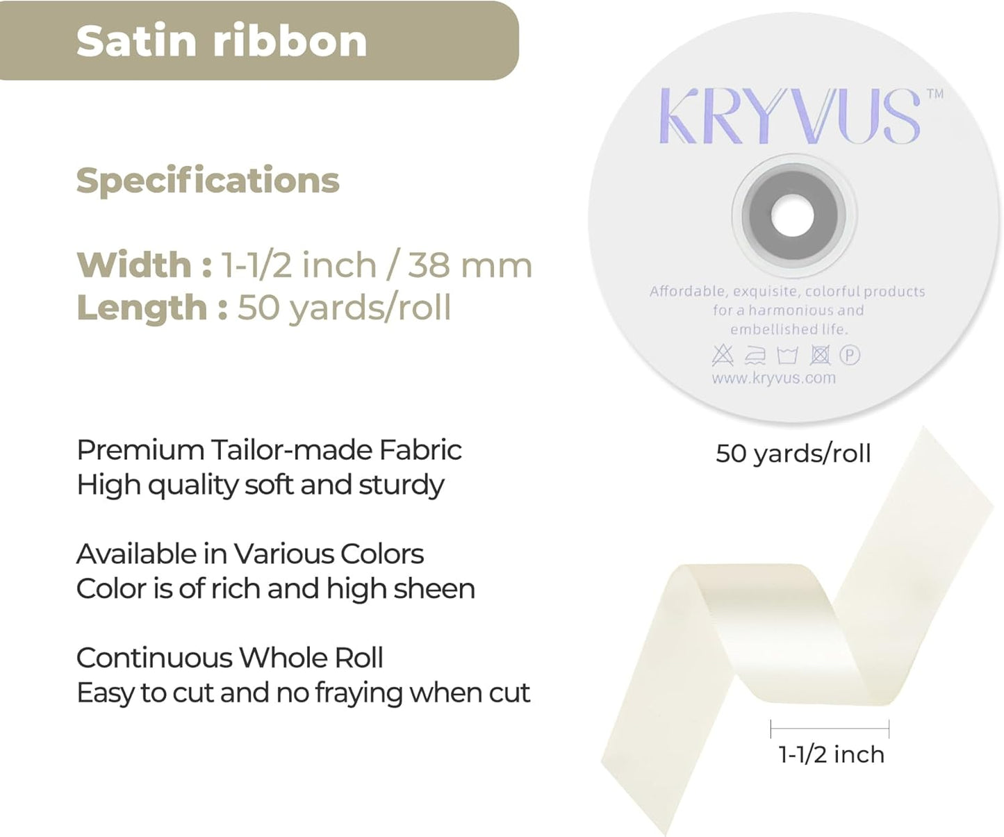 Beige Satin Ribbon 1-1/2 inch X Continuous 50 Yards, Single Face Polyester Ribbon Perfect for Gift Wrapping, Flower Bouquet, Wedding Decor, Crafts, Bow Making, Sewing and More