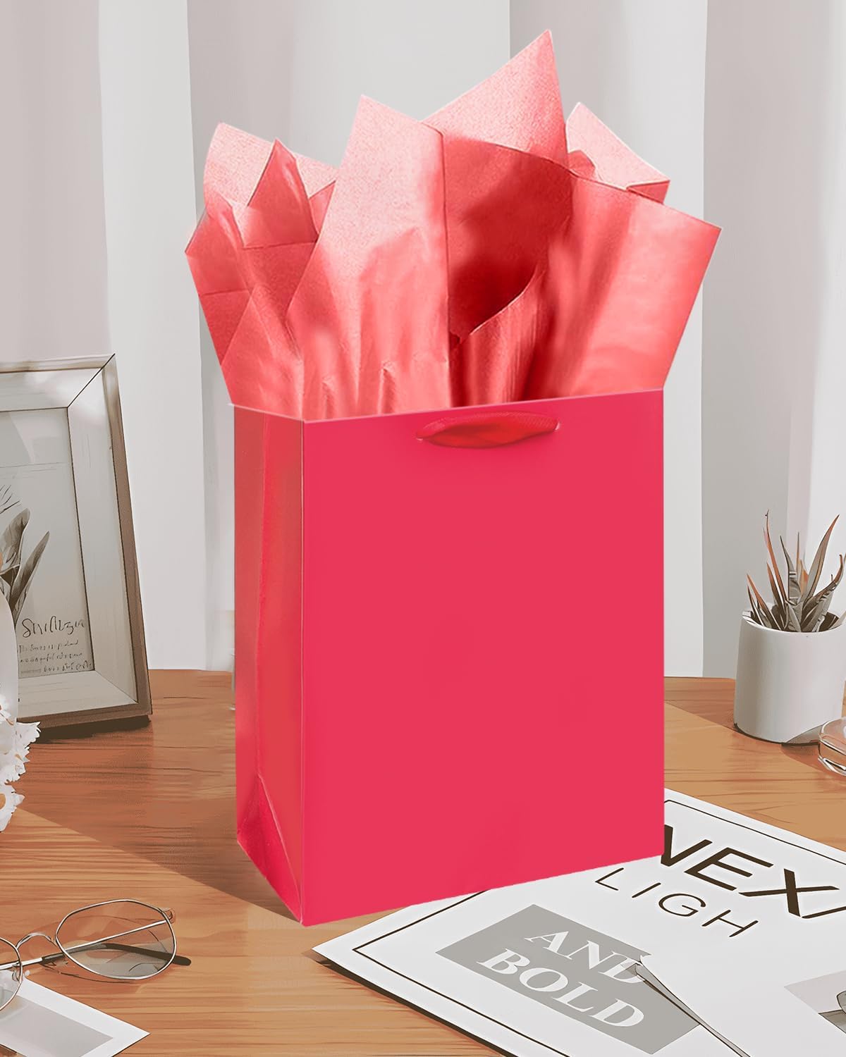 Gcardist Wine Red Gift Bags with Tissue Paper for Wedding, Birthday, Party Supplies-7.9"x4.3"x9.6" Medium Size Cardboard Gift Bags（16pcs Bags +32pcs Tissue Paper ）