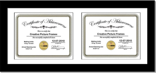 Creative Picture Frames 14X30Bk-W Black Horizontal Double Diploma Frame With 2 Opening White Mat, Holds 2-10X12-Inch Documents With Wall Hanger