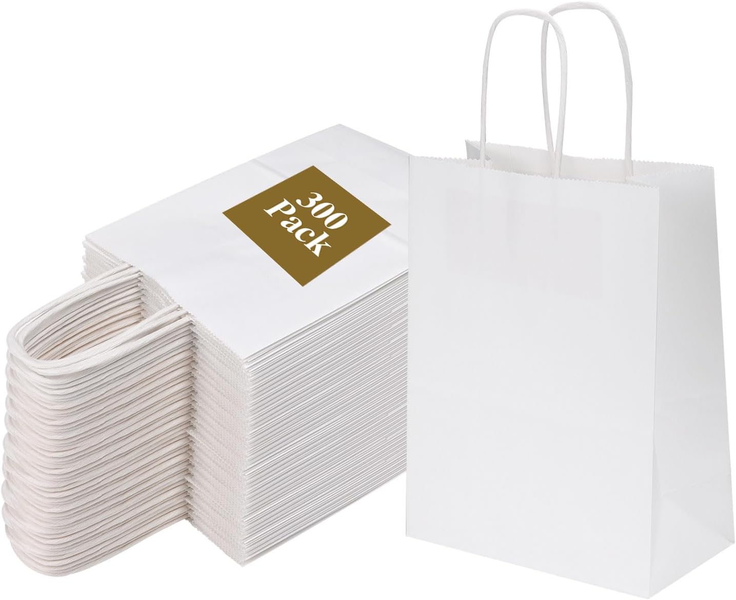 Joybe 300 Pack 6x3.25x8 Inch Small White Paper Bags with Handles Bulk, Kraft Paper Gift Bags for Birthday Party Favors Grocery Retail Shopping Business Goody Merchandise Craft Blank Sacks (300pcs)