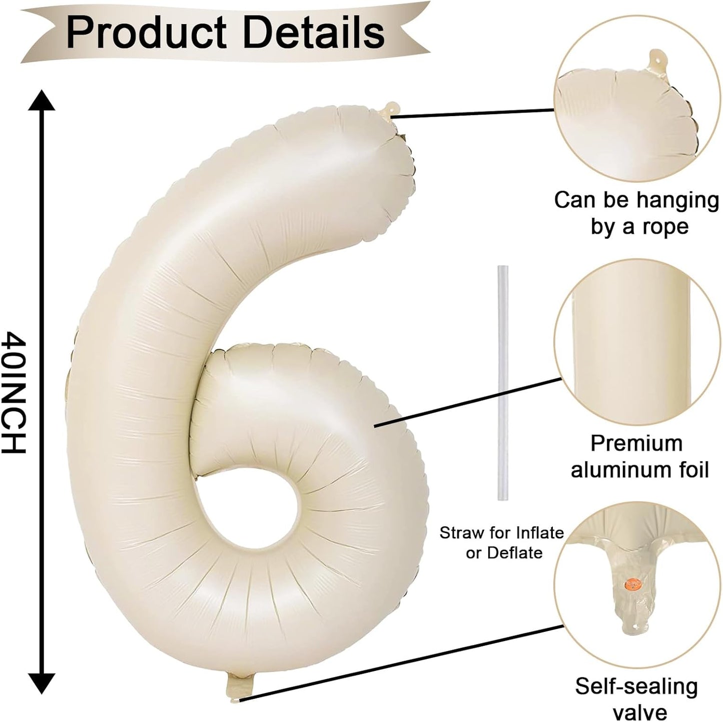 Cream Number Balloons 6, 40inch Large Beige Digital 6 Foil Helium Balloon for Girls Boys, Beige White Self Inflating Number Balloons 0-9 for Men Women Birthday Party Anniversary Decorations