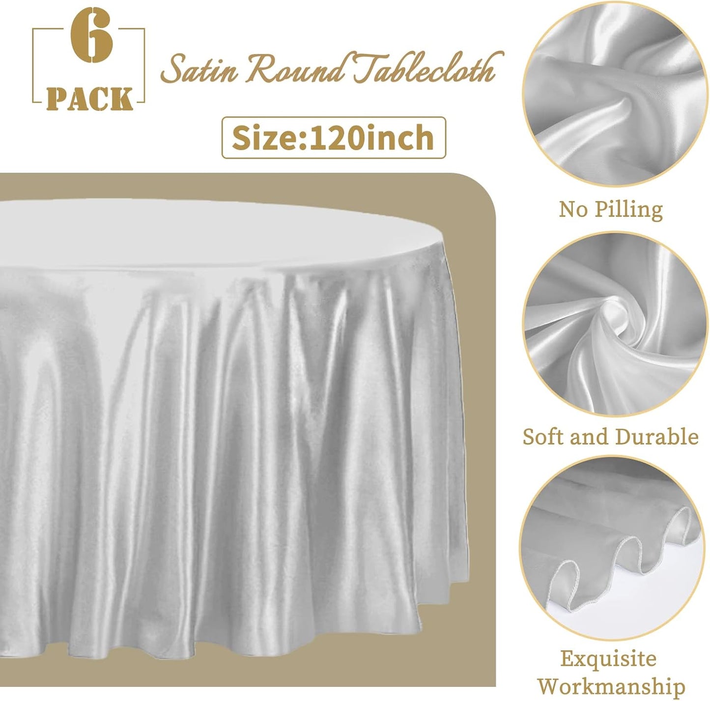 fani 6 Pack 120 Inch Sliver Round Tablecloth - Premium Silky Satin Tablecloth Overlay Smooth Fabric Table Cover Linens, Table Decoration for Wedding Party Banquet Events Restaurant Kitchen Dining
