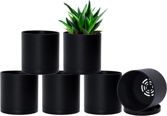 D'vine Dev 6 Pack 5 Inch Modern Plastic Plant Pots, Small Garden Planters for Plant with Drainage Holes and Saucers, Black Color, 74-Y-G-3