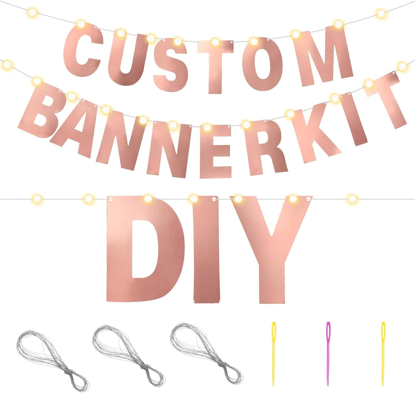 TaoBary 112 Pcs DIY Letter Kit Glitter Customizable Banner Letters Include 107 Letters and Numbers 3 Rope and 2 Needles for Birthday Halloween Christmas Wedding Valentine Party Decor(Bright Rose Gold)