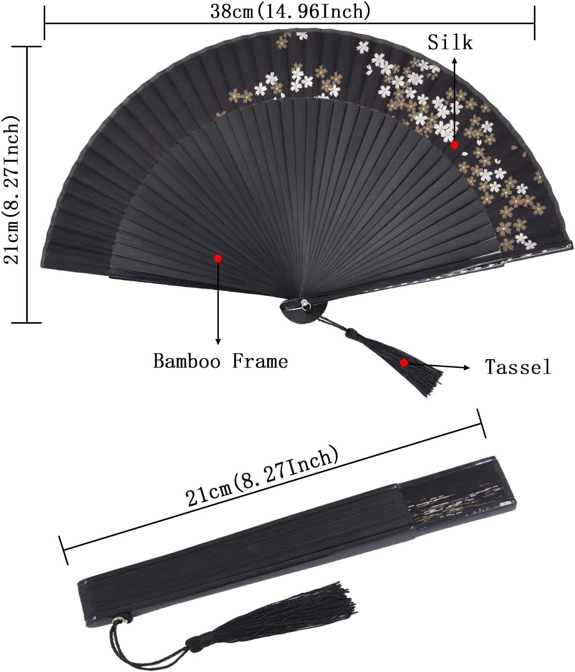 Amajiji Small Folding Hand Fan for Women, Chinese Japanese Vintage Style Bamboo Silk Fans for Party Wedding Dancing Decoration Gift Performance (AM-34)