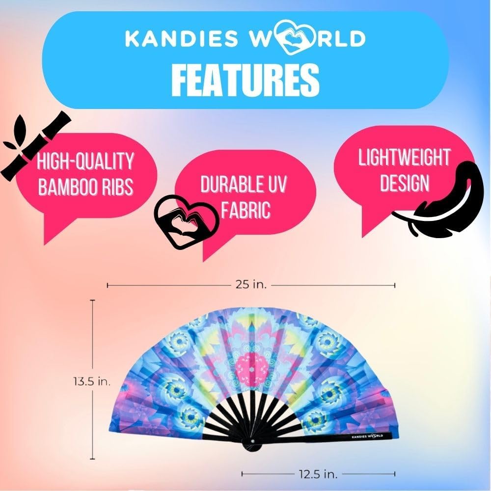Kandies World UV Reactive Custom Festival Folding Hand Fan - Unique Designs, Made of Bamboo, Clacking Sound, Lightweight - Perfect Rave and Festival Accessory!