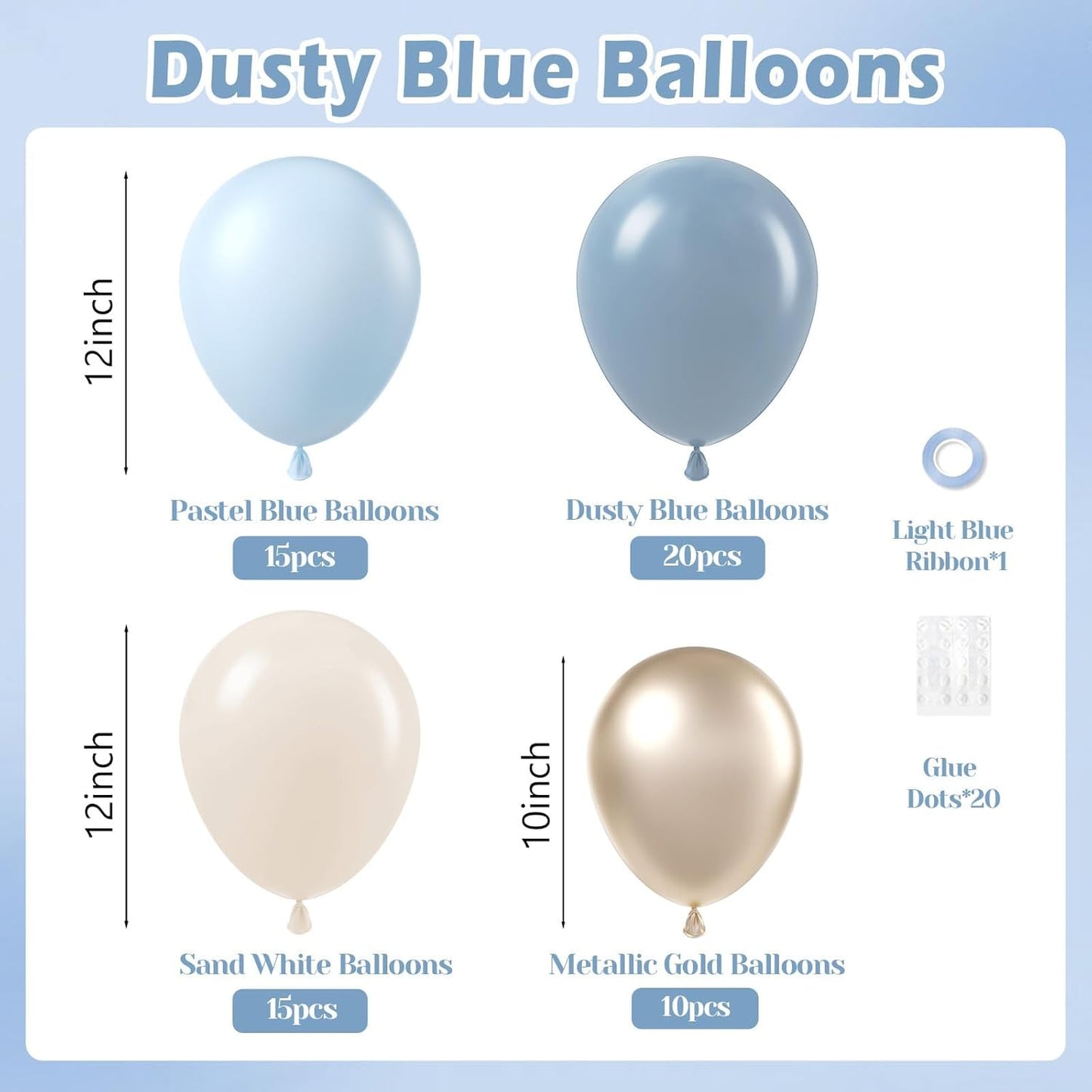 60pcs Dusty Blue Balloons 12inch with Sand White Metallic Gold Dusty Pastel Blue Balloons for Wedding Gender Reveal Baby Bridal Shower Birthday Party Decorations