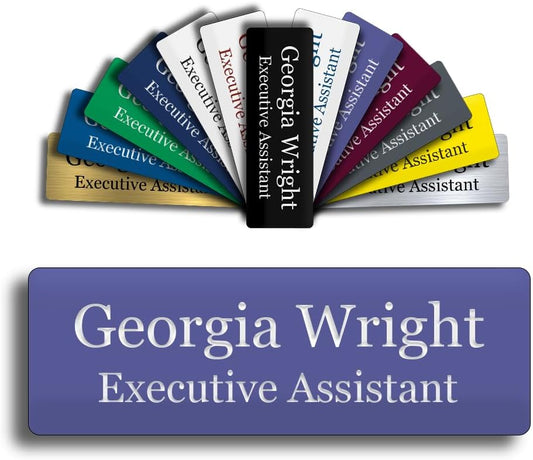 Custom Engraved Name Tag 1" x 3" Personalized Badge Magnetic or Pin Backing Made in The USA by Gem Awards (Purple)