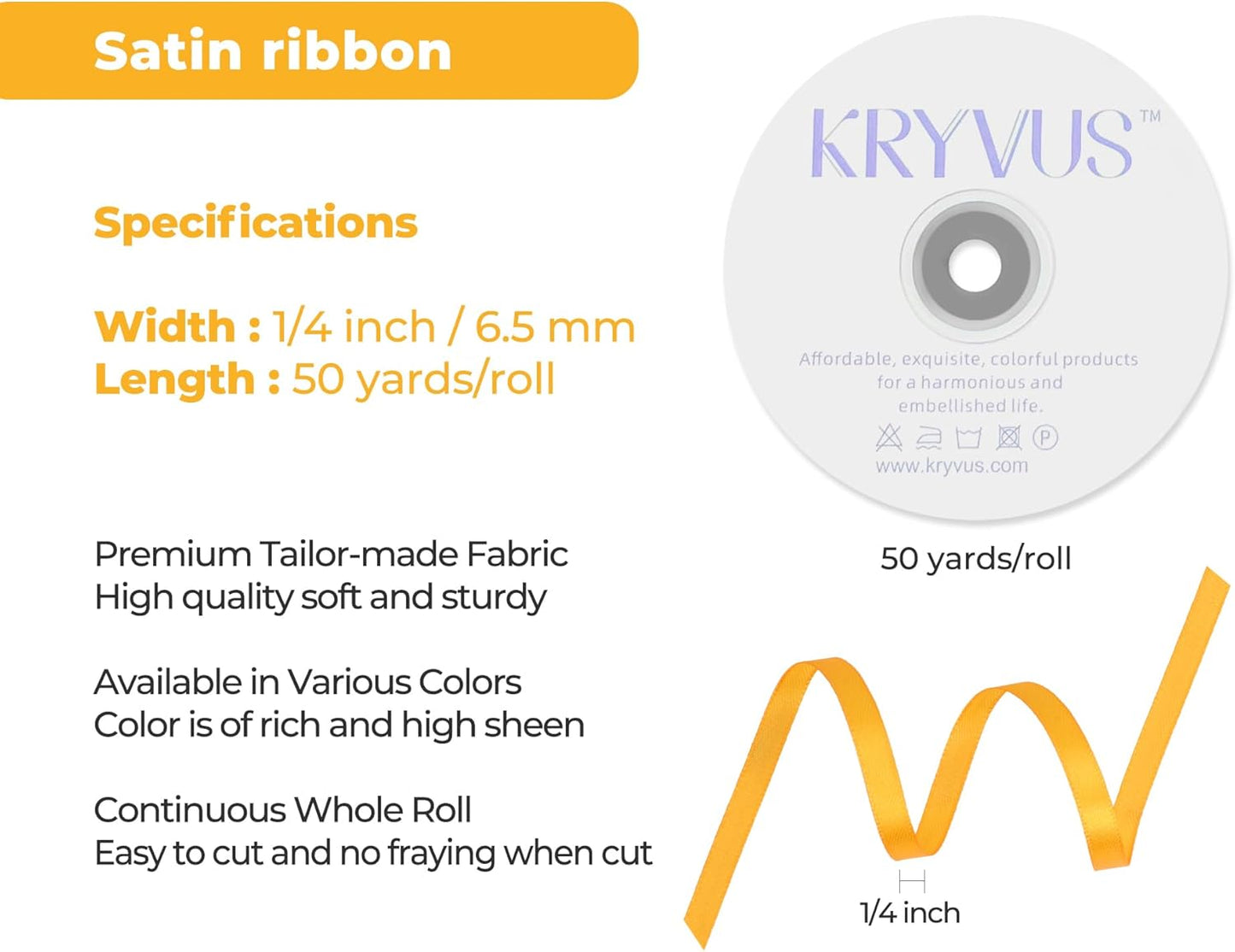 Yellow Satin Ribbon 1/4 inch X Continuous 50 Yards, Single Face Polyester Ribbon Perfect for Gift Wrapping, Flower Bouquet, Wedding Decor, Crafts, Bow Making, Sewing and More