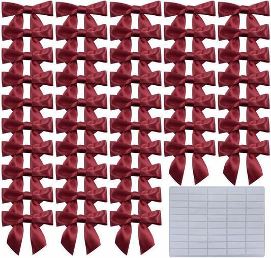 2.5" Hgzgch Burgundy Satin Ribbon Bow for Gift Wrapping, Premade Bows for Crafts, Cake, Party Favors, Handmade Bows with Double-Sided Tape, Self Adhesive Bows for Presents, Treats, Christmas - 50pcs