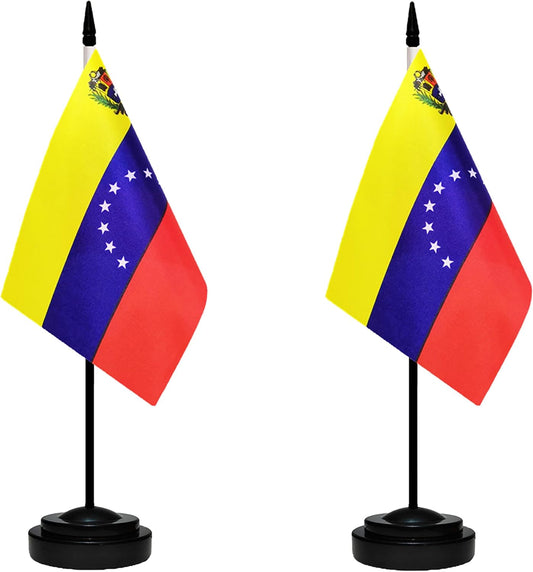 Venezuela Venezuelans Deluxe Desk Flag Set, Small Mini Miniature Venezuela Venezuelans Table Desktop Flags With Solid Pole, Black Base and Spear Top(2 Pack)