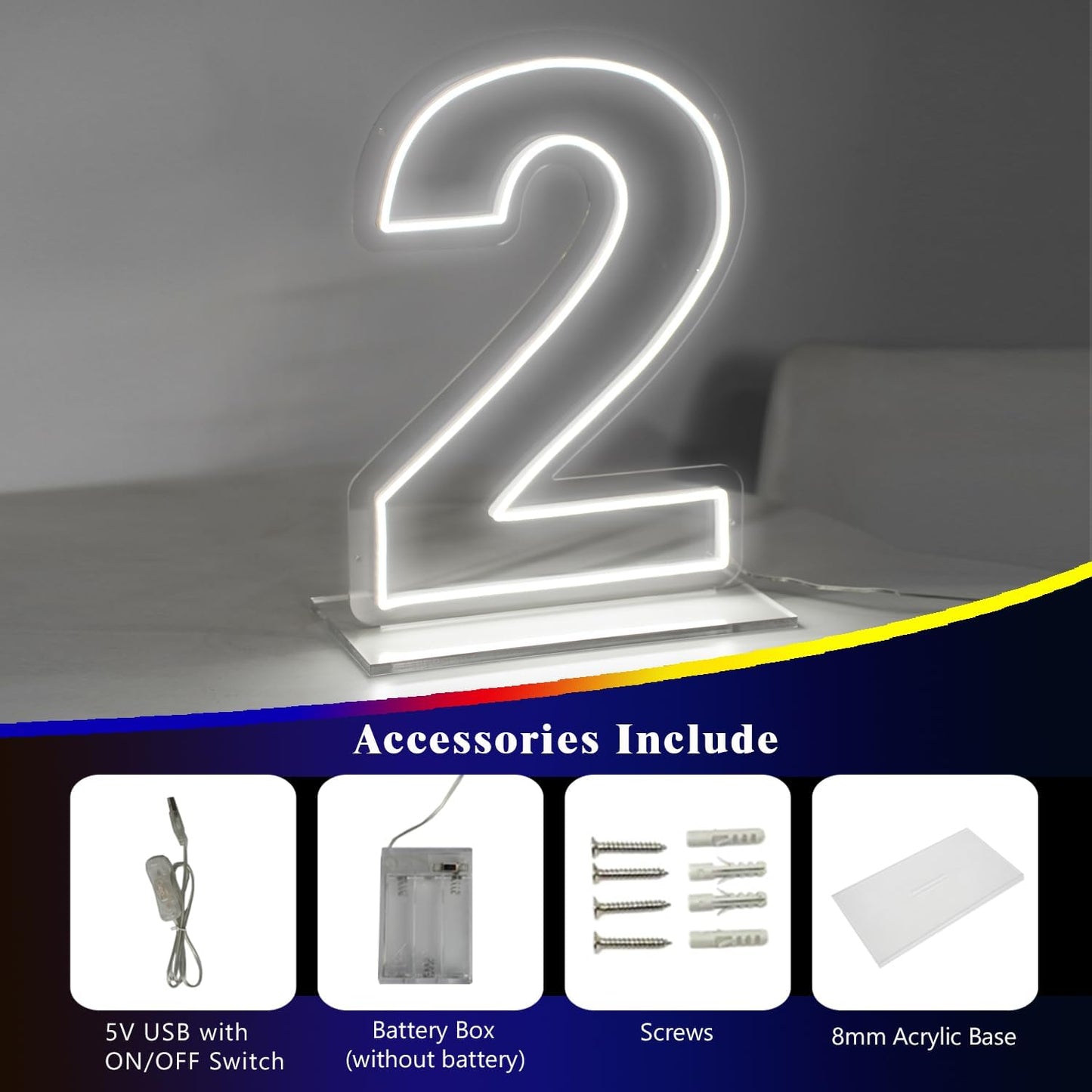 Number 2 Neon Sign for Bedroom, 16.54" Cool White USB Battery Powered Birthday Neon Sign for Party Wedding Anniversary Decor Light Sign (Number 2)