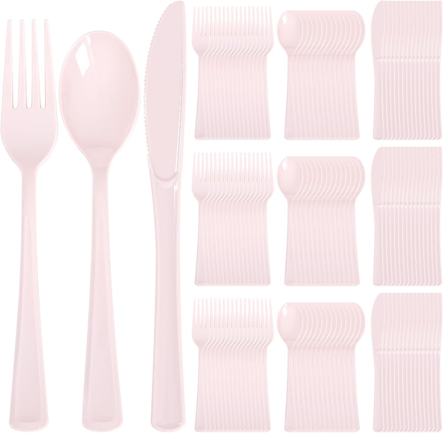 Supernal 300 Pieces Pink Plastic Silverware Heavy Duty Disposable Silverware Pink Utensils Disposable Cutlery Set 100 Forks 100 Knives 100 Spoons for Wedding Party Supplies Everyday Use