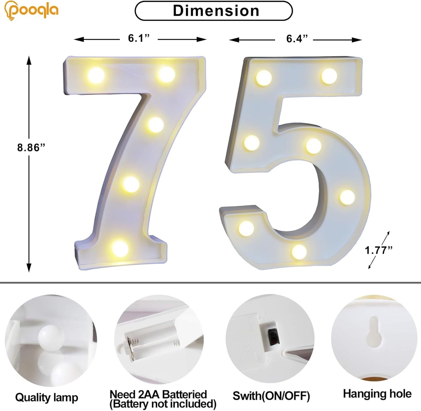 Pooqla Decorative Led Light Up Number Letters, White Plastic Marquee Number Lights Sign for 75th Birthday Party Wedding Decor Battery Operated Number (75)