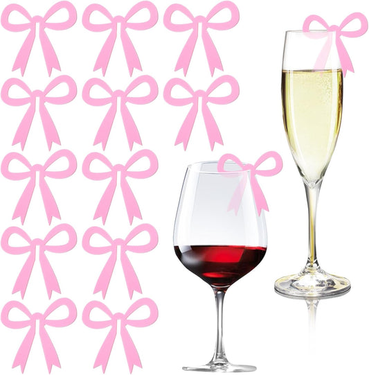 20 Pcs Pink Bow Drink Markers,Bows Drink Tags Coquette,Acrylic Bow Wine Glass Charms for Bachelorette Birthday Wedding Coquette Tasting Party Decor Accessory