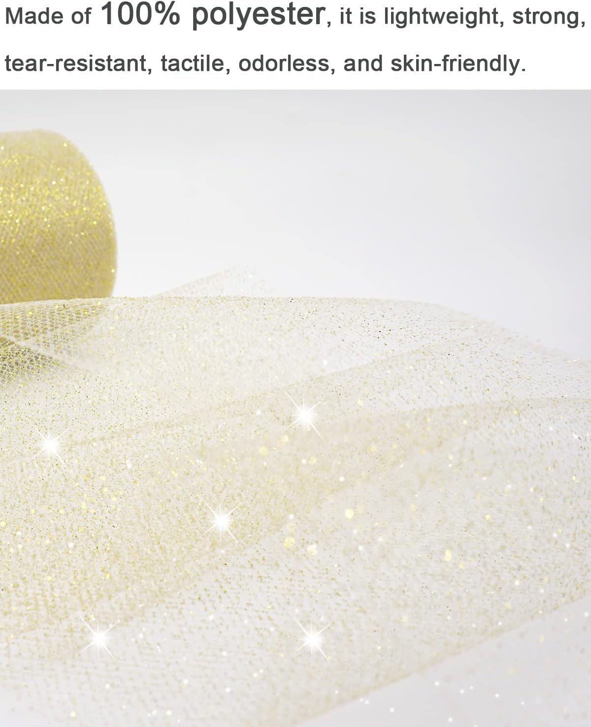 Glitter Gold Tulle Fabric Rolls, 6 Inch 50 Yards (150ft) Sparkling Spool Ribbon Sequin Netting for Tutu Skirt Gift Wrapping Wedding Party Decoration (White/Gold)