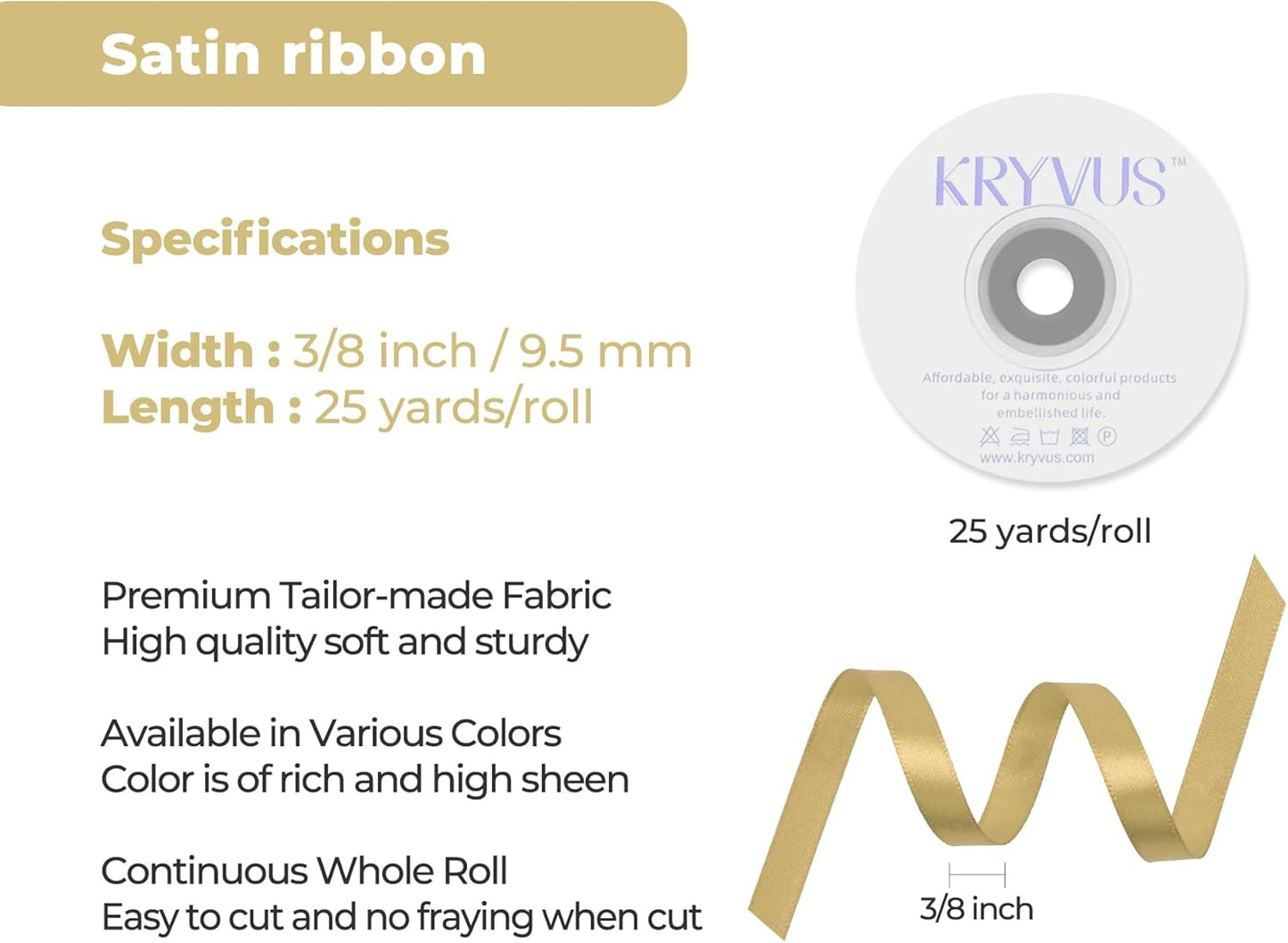 Light Gold Satin Ribbon 3/8 inch X Continuous 25 Yards, Single Face Polyester Ribbon Perfect for Gift Wrapping, Flower Bouquet, Wedding Decor, Crafts, Bow Making, Sewing and More