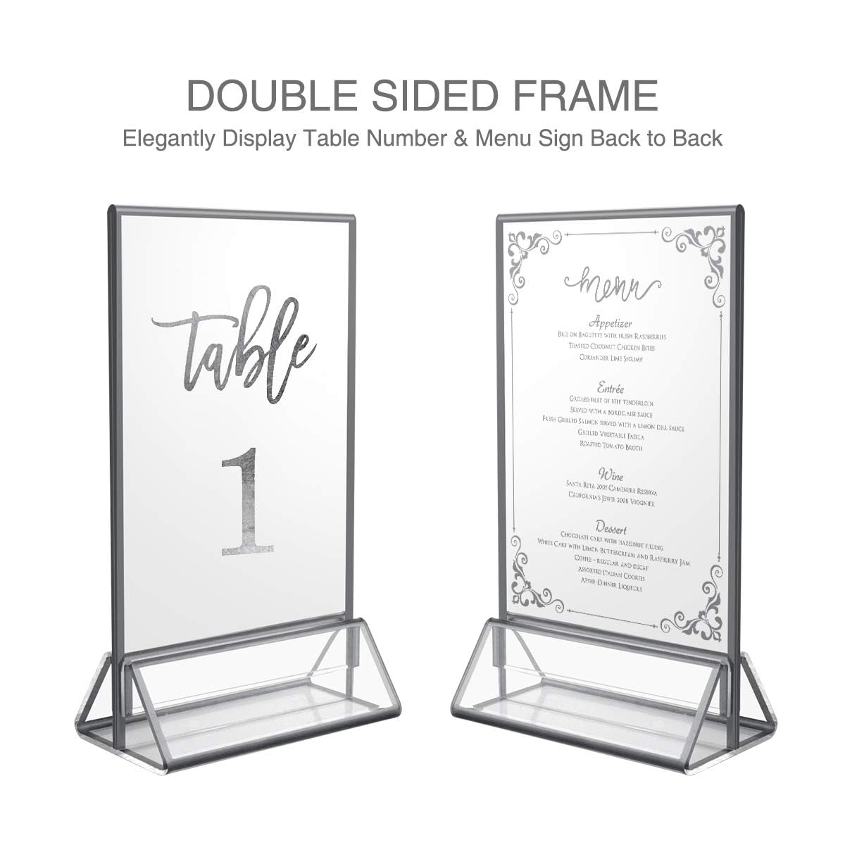 NIUBEE 6Pack 8.5x11 Clear Acrylic Sign Holder with Sliver Borders and Vertical Stand, Double Sided Table Menu Holders Picture Frames for Wedding Table Numbers, Photos