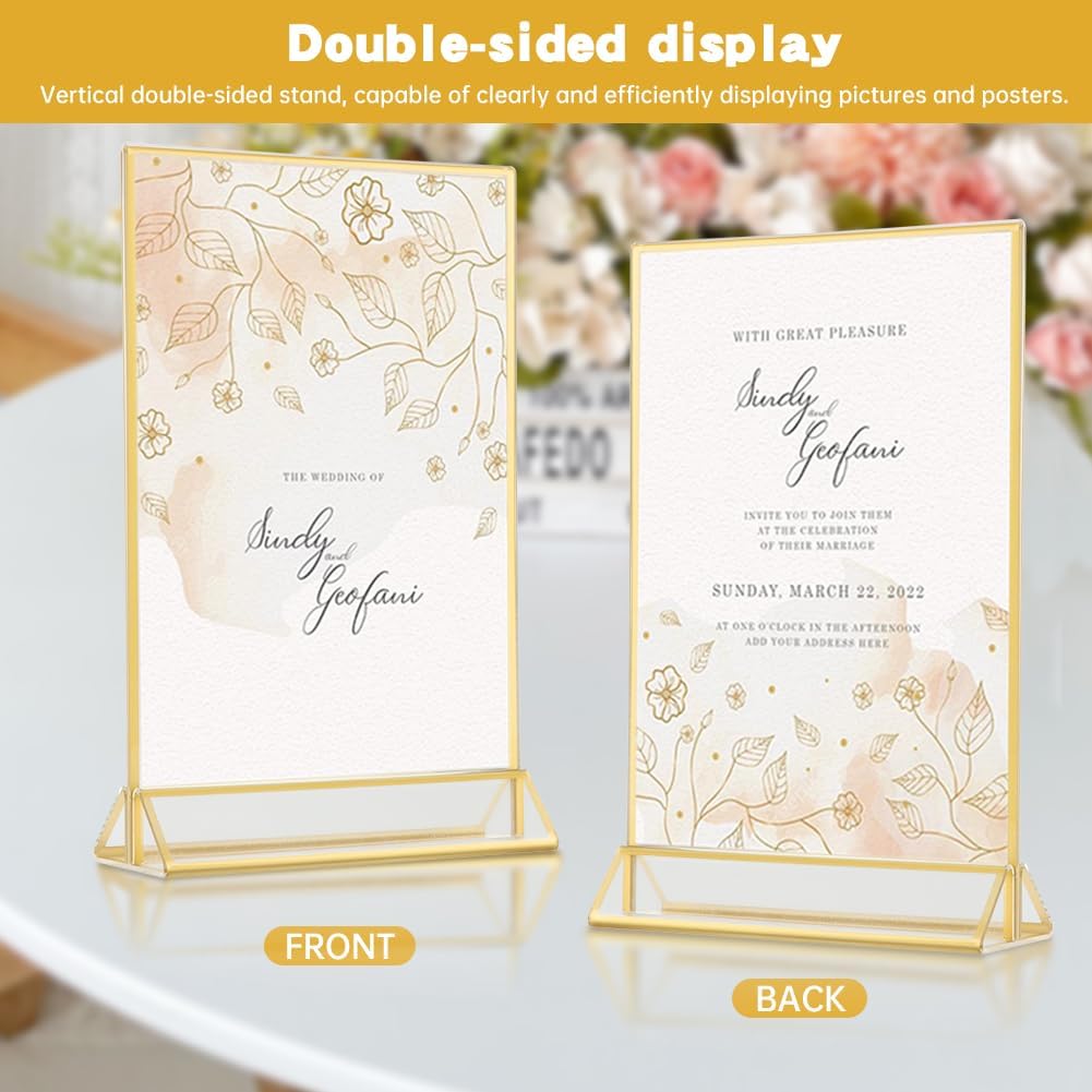 12 Pack Gold Acrylic Sign Holder 5 x 7 inch, Double Sided Gold Picture Frame Stand up Table Top Sign Holders, Wedding Table Number Frames Vertical for Party, Home, Office(5 x 7inch)