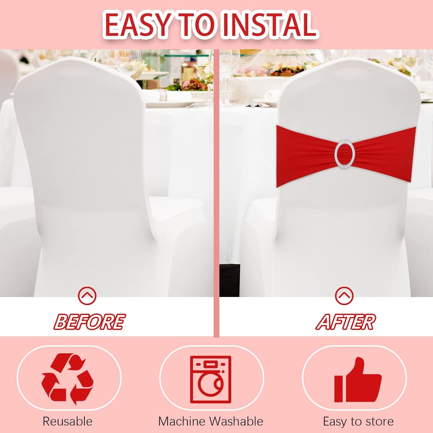 CHENGU 150 Pieces Spandex Stretch Chair Sashes Bows Elastic Chair Cover Bands Ties with Buckle Slider for Wedding Party Reception Events Universal Ceremony Banquet Decorations (Red)