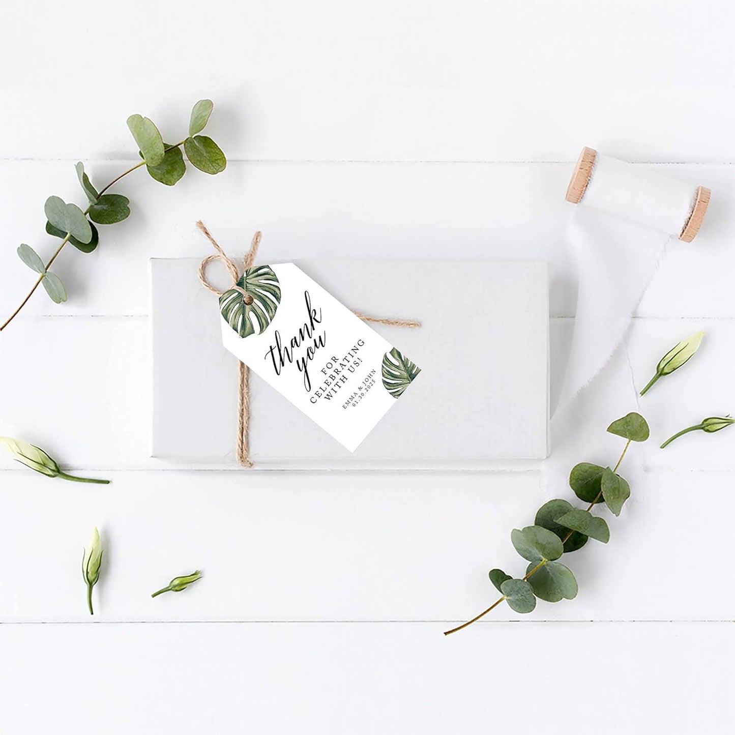 Andaz Press 100-Pack Personalized Thank You for Celebrating with Us Wedding Favor Tags with Bakers Twine Tropical Monstera Leaves Custom Cardstock Wedding Gift Tags for Party Favors 2 x 3.75-Inches