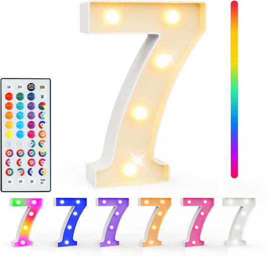 Pooqla Colorful Lighted Numbers with Remote, 35 Colors Light Up Numbers for Party, RGB LED Marquee Numbers Gift for Girls Boys 7th Birthday Decorations, Wedding, Bar, Night Light, Home Decor, Number 7