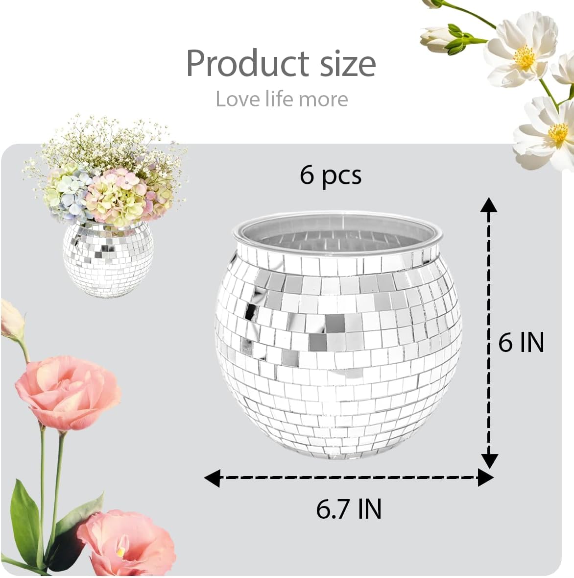 6 Pcs Disco Ball Vases,6" X 6.7" Disco Ball Centerpieces Decor,Silver Mirror Plastic Vase Disco Ball Planter for Wedding,Birthday,Office Table Decorations