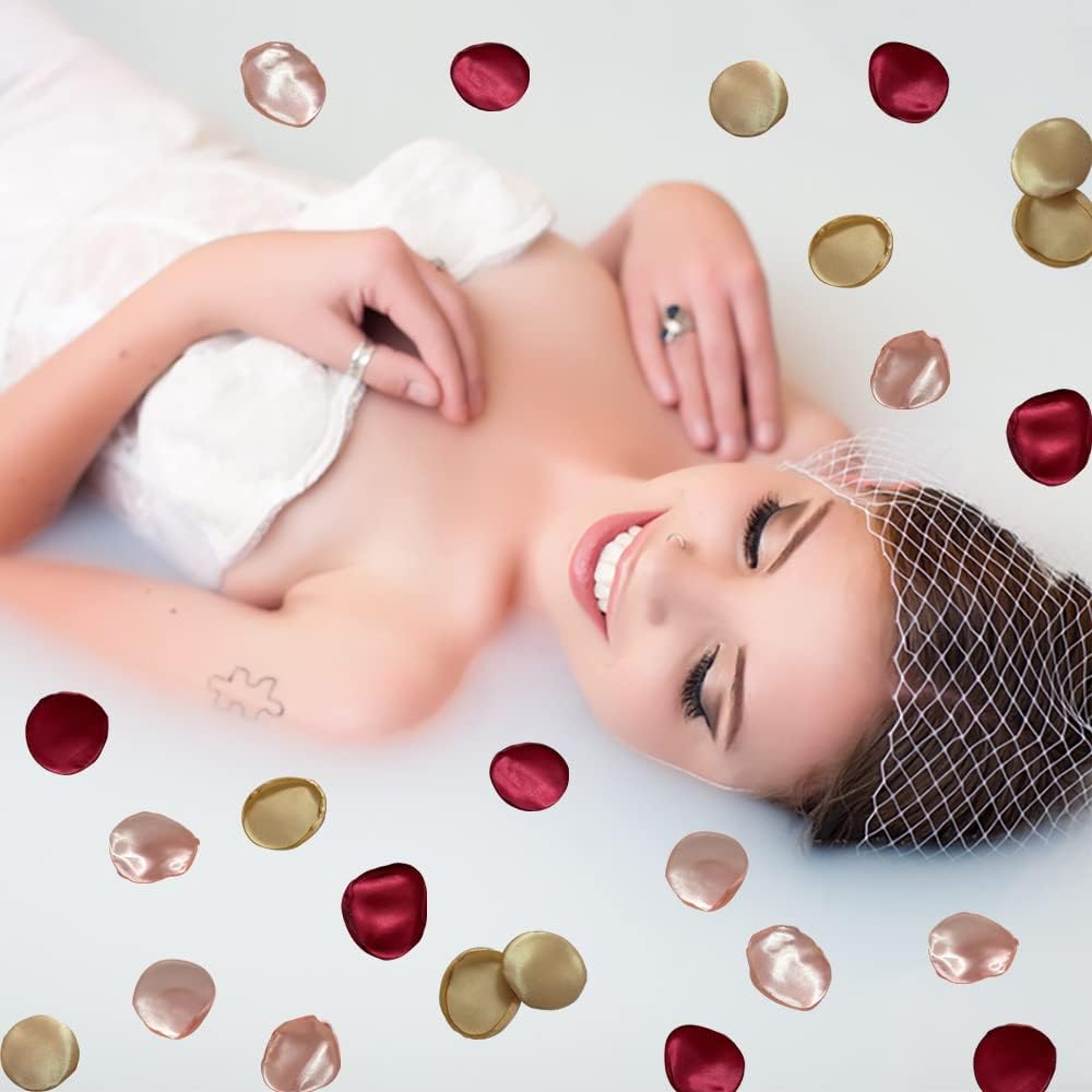 Silk Rose Petals 200PCS Flower Girl Petals Flower Petals for Wedding Cake Table Centerpieces Romantic Night Scatter Petals (Burgundy Gold Pink)