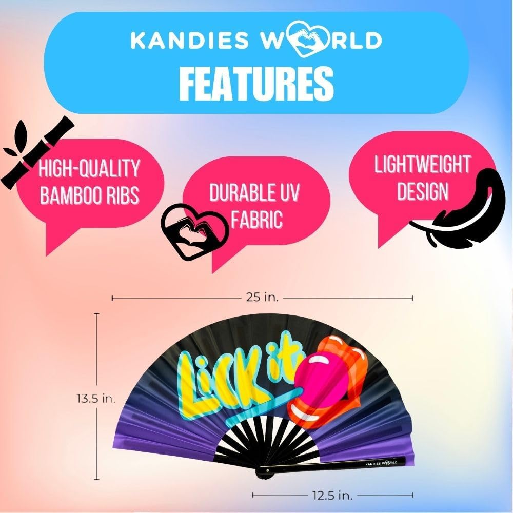 Kandies World UV Reactive Custom Festival Folding Hand Fan - Unique Designs, Made of Bamboo, Clacking Sound, Lightweight - Perfect Rave and Festival Accessory!