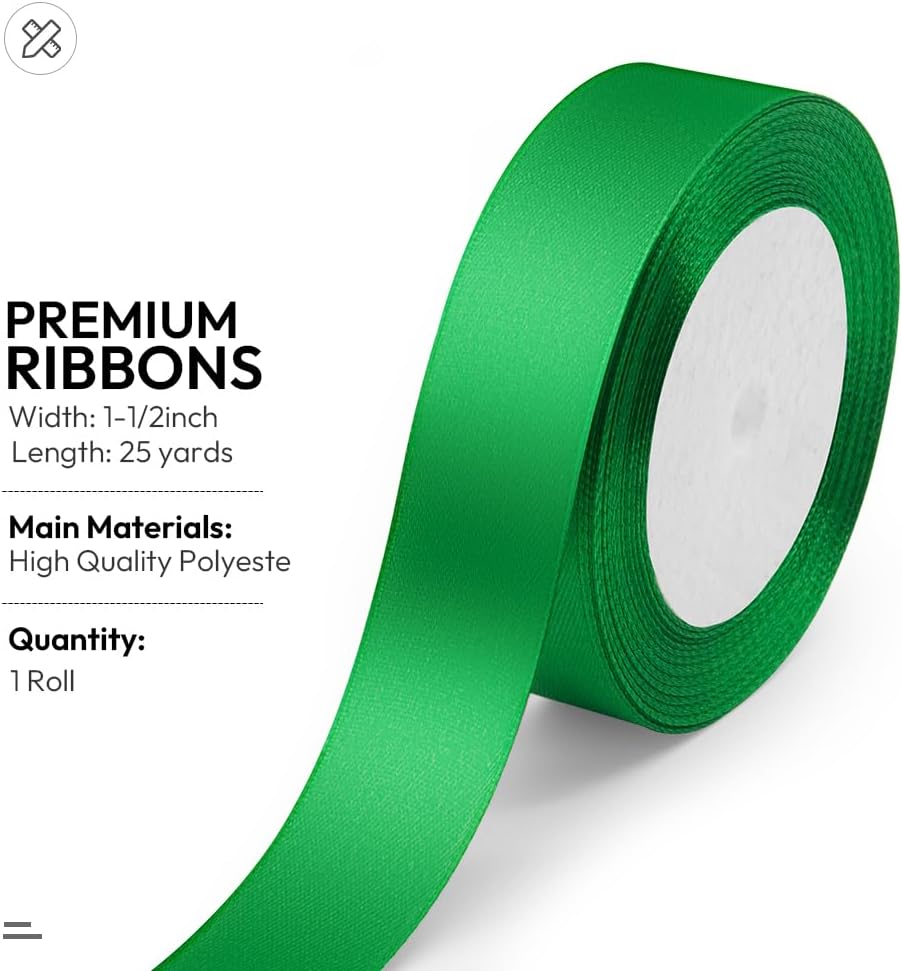 KMER LIFE Green Ribbon 1 Inches x 25 Yards Satin Ribbons Perfect for Halloween, Wreath, Corset, Floral, Floral Arrangement, Christmas, Wedding Party Decoration, Bow Making & Other Projects