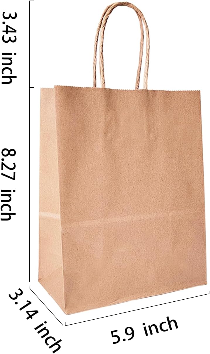 BAG BOX 100 Pcs Small 5.9x3.1x8.25 Inch Brown Kraft Paper Gift Bags with Handles for Bulk Wedding, Party Favors, Grocery, Shopping, Retail Merchandise, Gift Sacks