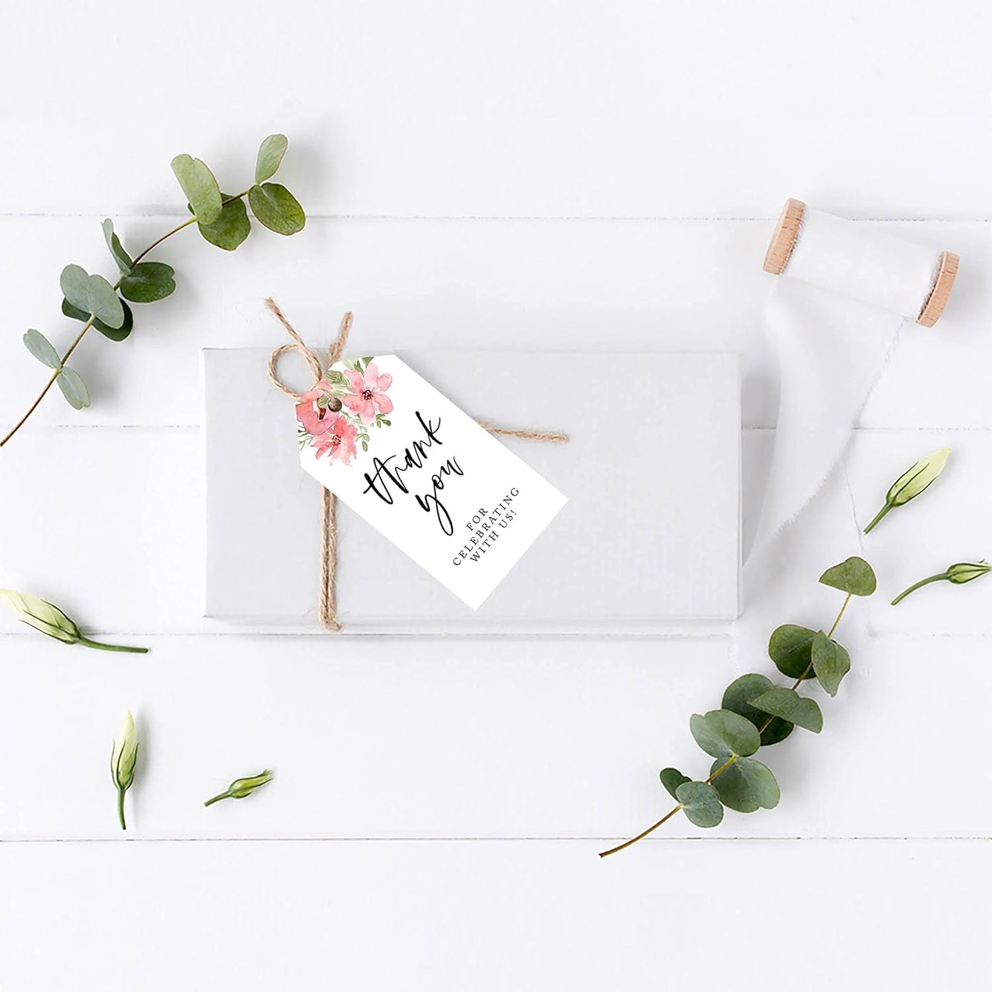 Andaz Press 100-Pack Thank You for Celebrating with Us Favor Tags Coral Watercolor Florals Cardstock Gift Tags with Bakers Twine for Wedding Baby Shower Bridal Shower Party Favors 2 x 3.75-Inches