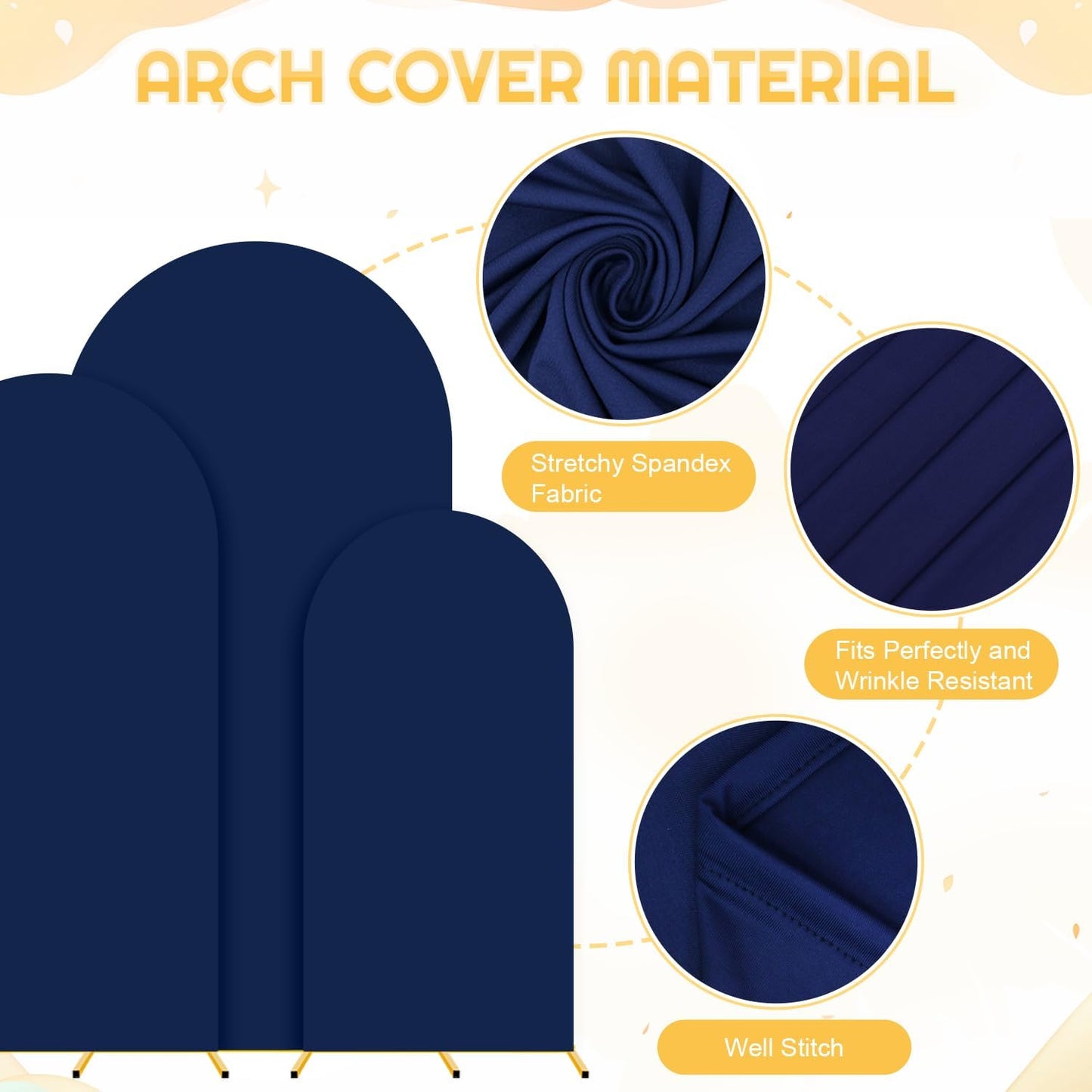 FUHSY Metal Arch Backdrop Stand and Cover Set of 3 Wedding Metal Arch Stand with Navy Blue Arch Backdrop Cover Spandex 6FT, 5FT, 4FT Stable Arch Frames for Bridal Baby Shower Birthday Party Decor