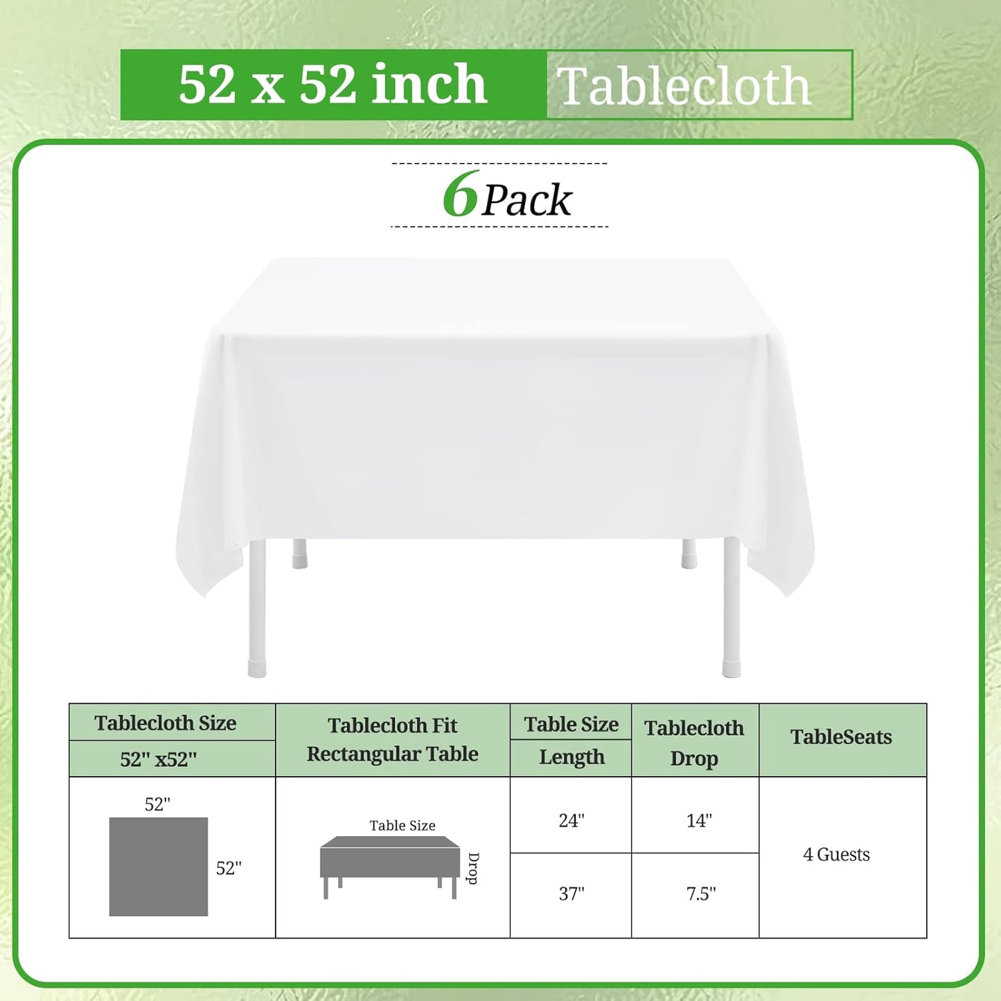 6 Pack White Square Tablecloths 52 x 52 Inch, White Polyester Table Cover for Square Table, Stain and Wrinkle Resistant Washable Fabric Tablecloth, Polyester Tablecloth for Restaurant Banquet Party