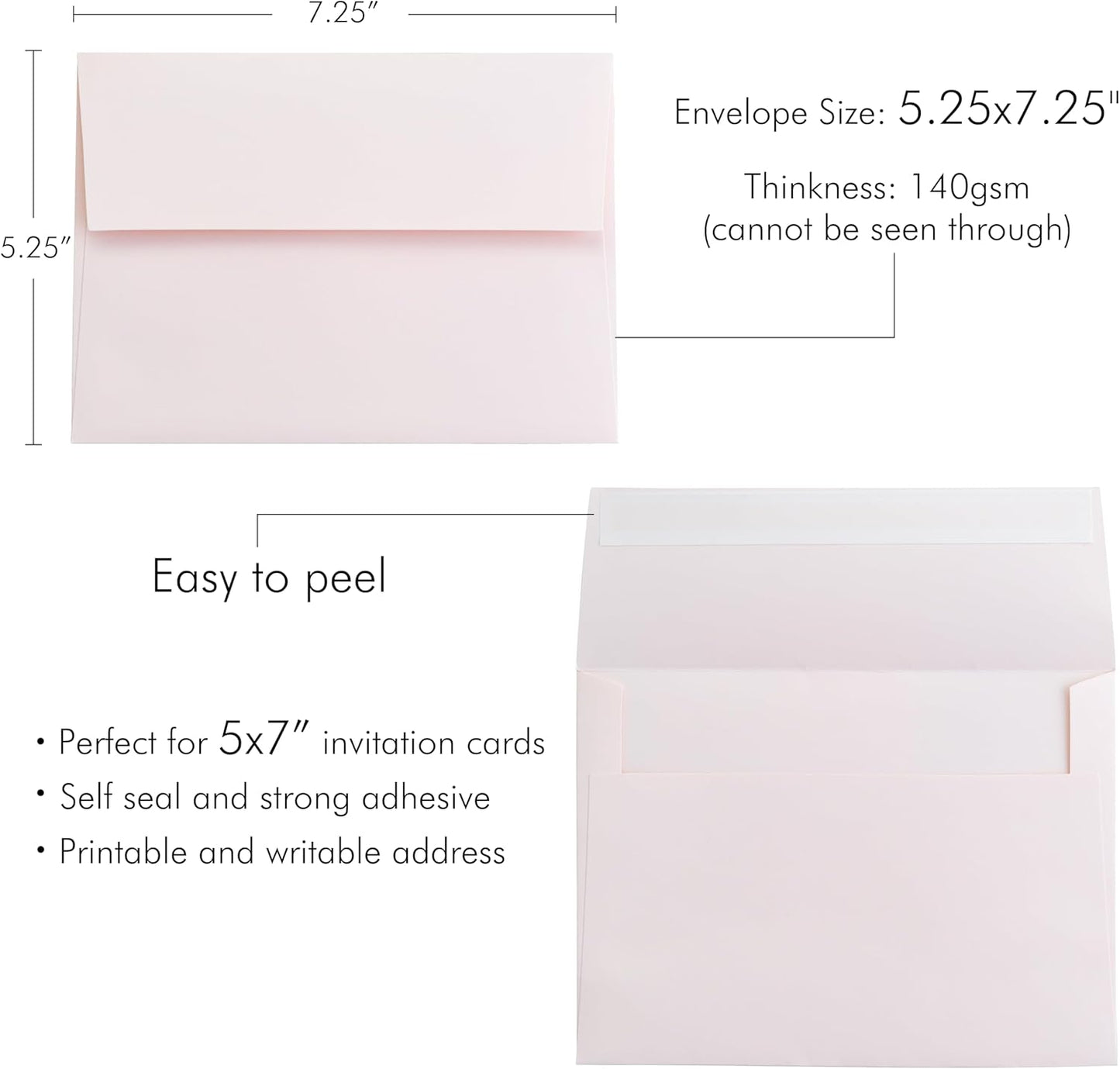 PONATIA 50 PCS 5x7 Envelopes, Blush Pink Self- Adhesive A7 Envelopes for Weddings, Invitation Cards, Photos, Postcards, Greeting Cards Mailing, Baby Shower, Graduation, Christmas Gift Cards