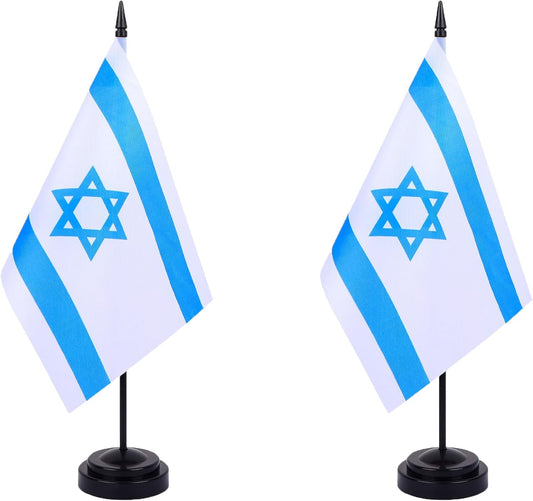 Israel Desk Flag 12" Solid Pole Deluxe Set Israeli Flags Banner Mini Small Israel Office Table Flags with Black Stand Base Desktop Decorations(2Pack)