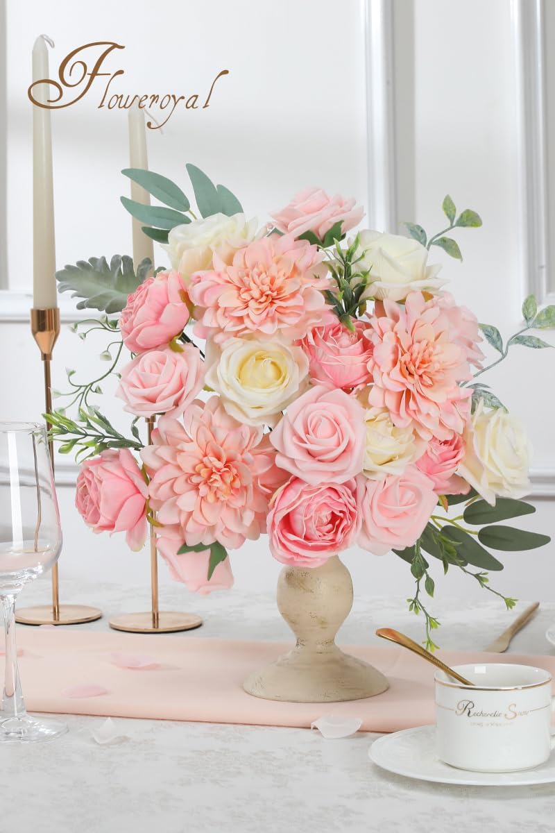 Floweroyal Pink Artificial Flowers Fake Rose Flowers Dahlia with Stems for DIY Wedding Bridal Bouquets, Baby Shower, Floral Arrangement, Table Centerpieces, Home Decorations.