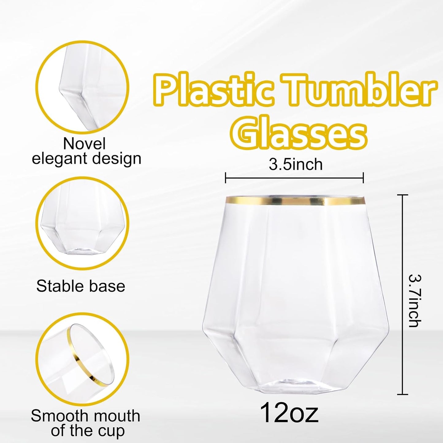 LUODA Gold Diamond Shaped Plastic Stemless Wine Glasses Set of 24, Disposable 12 Oz Gold Plastic Whiskey Glasses for Birthday, Housewarming and Weddings