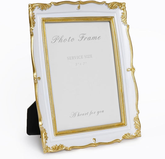 Cuspin Vintage Picture Frame 5x7 Gold Frames, Ornate White and Gold Textured Hand-Crafted Resin Frame with Glass Front, 5 by 7 Antique Photo Frames for Tabletop Display
