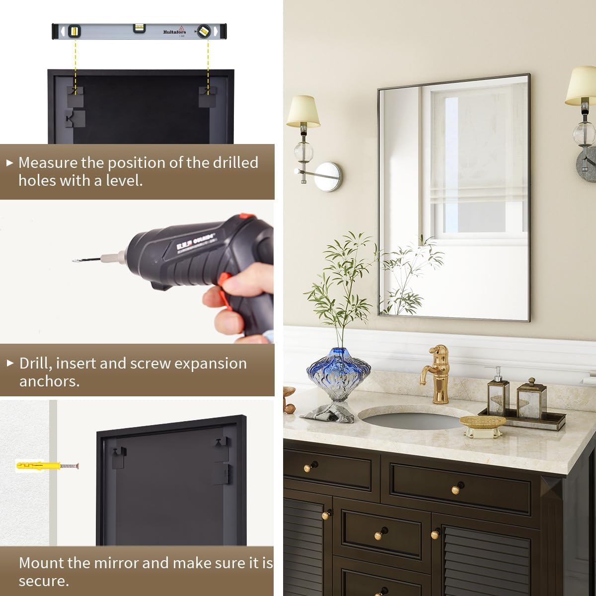 BEAUTYPEAK Black Bathroom Wall Mirror - 26" x 38" Rectangular Mirror with Metal Frame, Hangs Horizontal or Vertical for Living Room Bedroom Bathroom Entryway