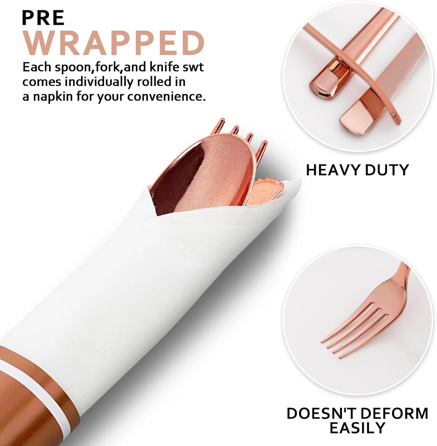 50Guests Pre Rolled Rose Gold Plastic Silverware Sets - Heavy Duty Rose Gold Cutlery - Include 50 Pack Wrapped Disposable Utensils with Napkins for Parties, Dinners & Weddings