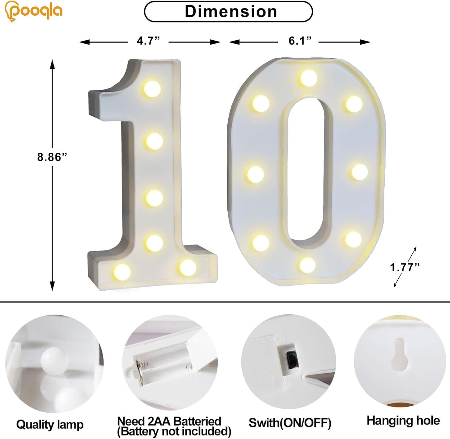 Pooqla Decorative Led Light Up Number Letters, White Plastic Marquee Number Lights Sign for 10th Birthday Party Wedding Decor Battery Operated Number (10)